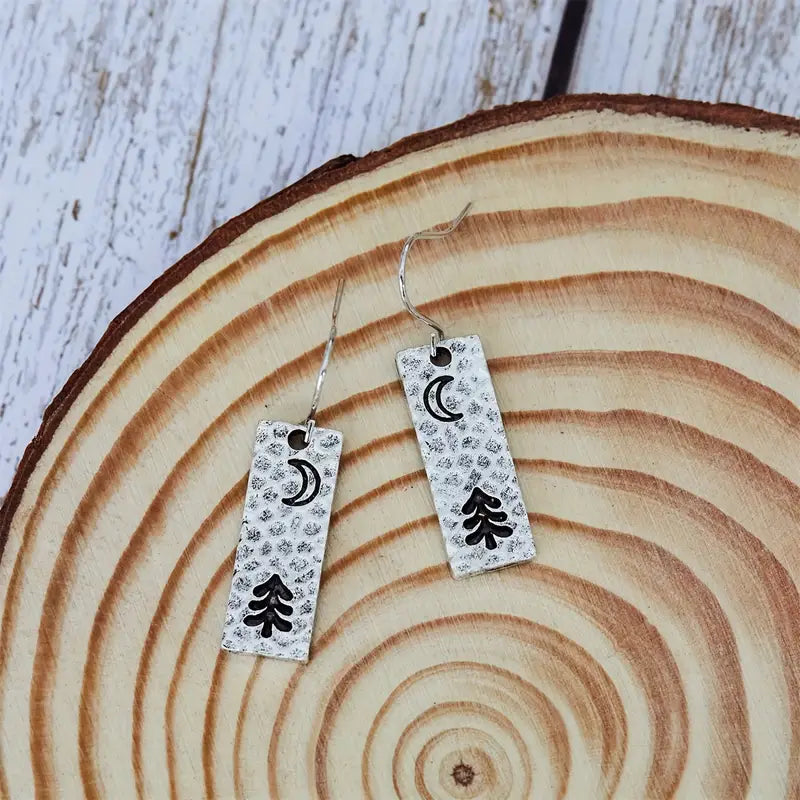 Crescent Moon Pine Tree Dangle Earrings