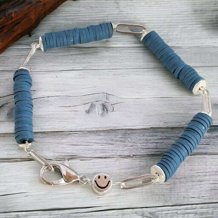 Dark Blue Smiley Stainless Steel Paperclip Chain Bracelet