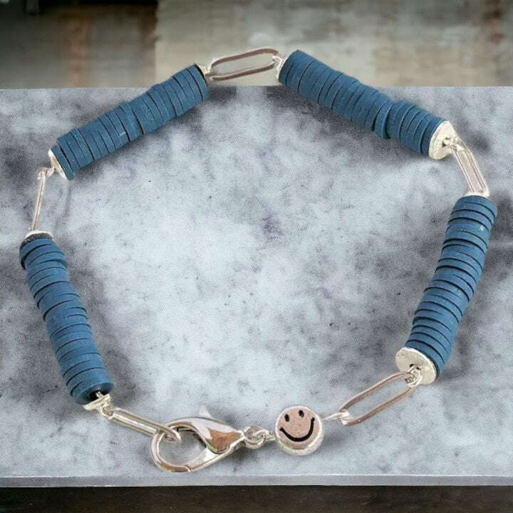 Dark Blue Smiley Stainless Steel Paperclip Chain Bracelet