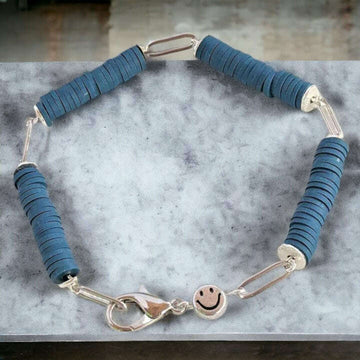 Dark Blue Smiley Stainless Steel Paperclip Chain Bracelet
