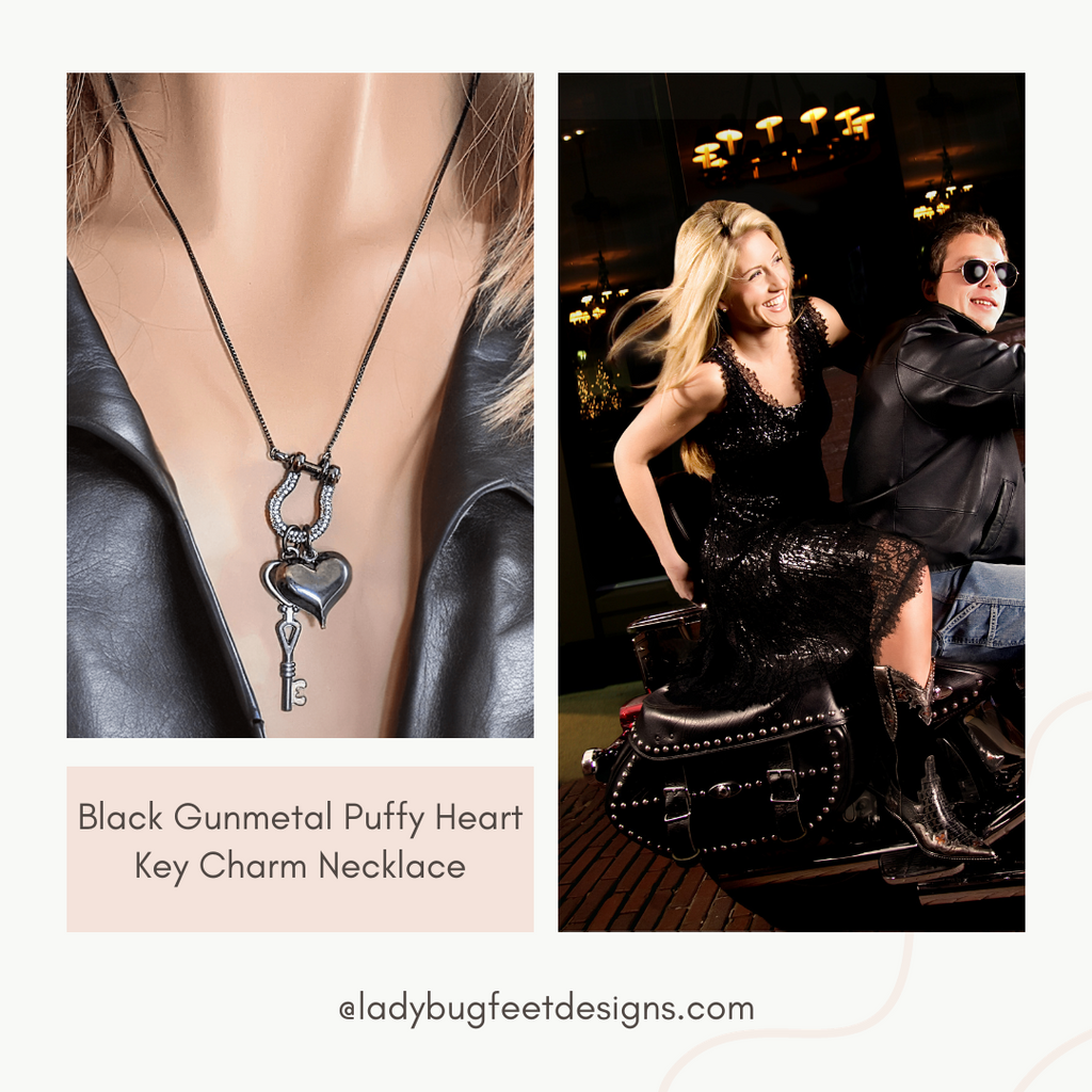 Black Gunmetal Puffy Heart Key Charm Necklace, adjustable up to 24 inches