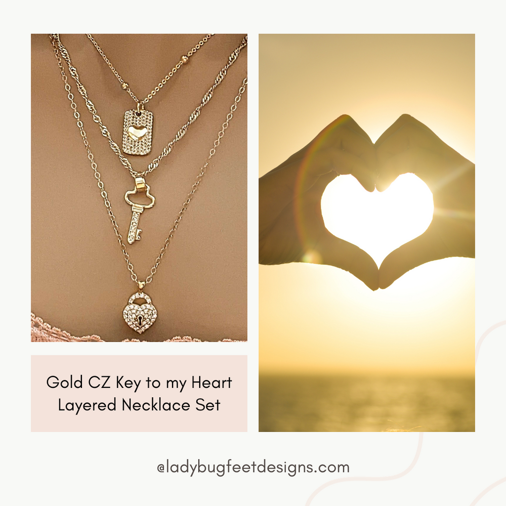Gold CZ Key to my Heart Layered Necklace Set