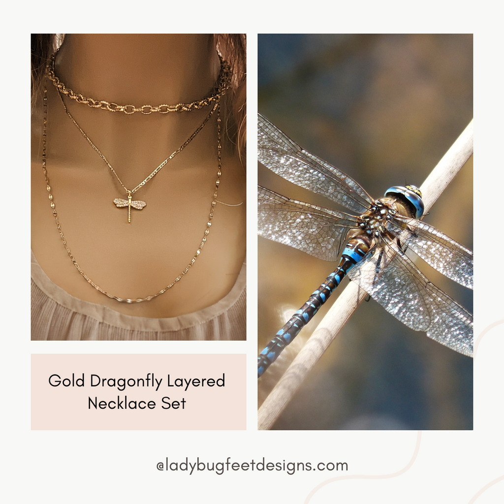 Gold Dragonfly Layered Necklace Set