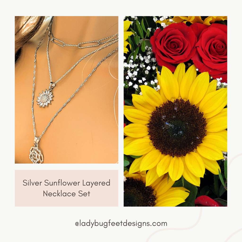 Silver Sunflower Layered Necklace Set