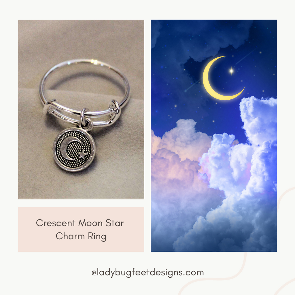 Crescent Moon Star Charm Ring