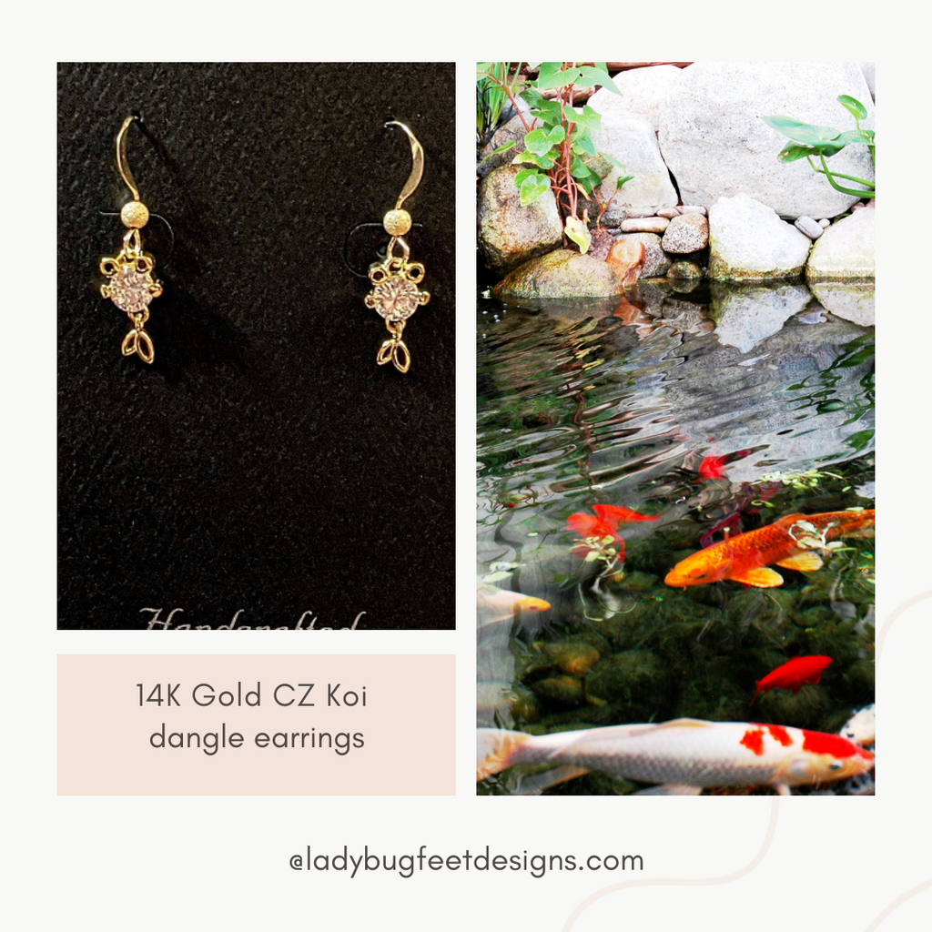14K Gold CZ Koi dangle earrings