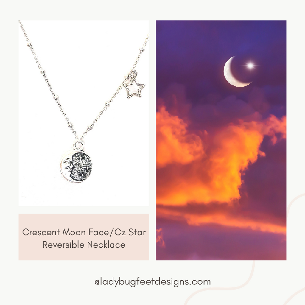 Crescent Moon Face/Cz Star Reversible Necklace
