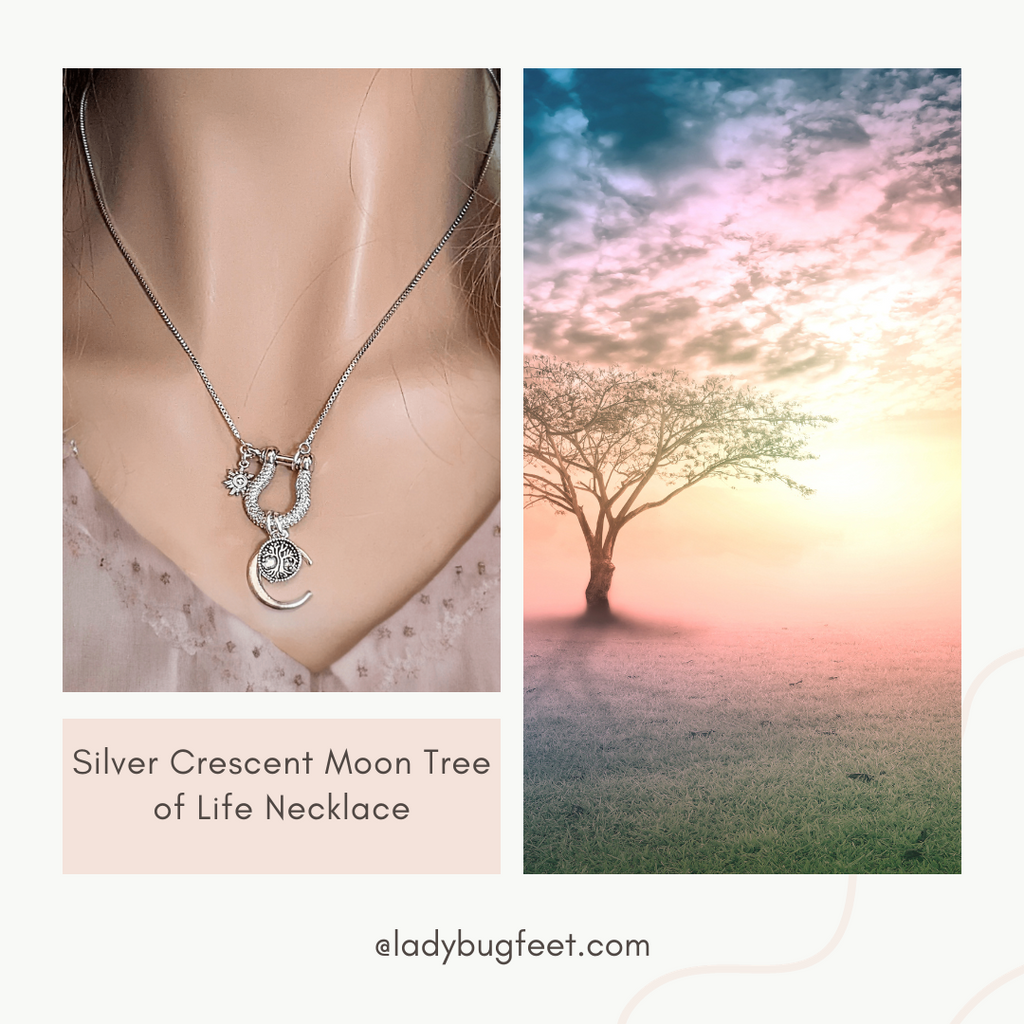 Silver Crescent Moon Tree of Life Necklace, adjustable up to 24 inches