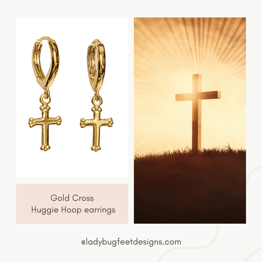 Gold Cross Huggie Hoop earrings, 15mm Hoop Drop