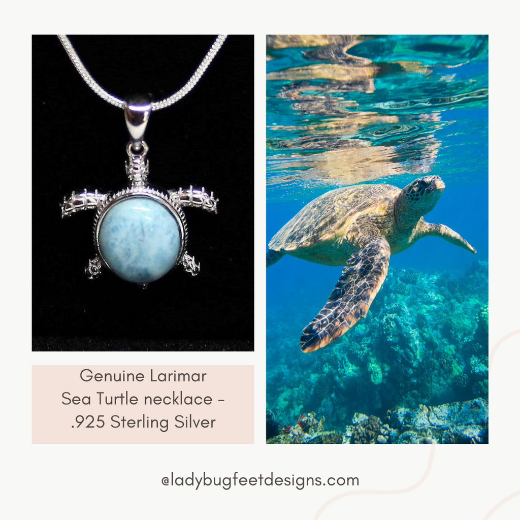 Genuine Larimar Sea Turtle necklace - .925 Sterling Silver - 24 inch
