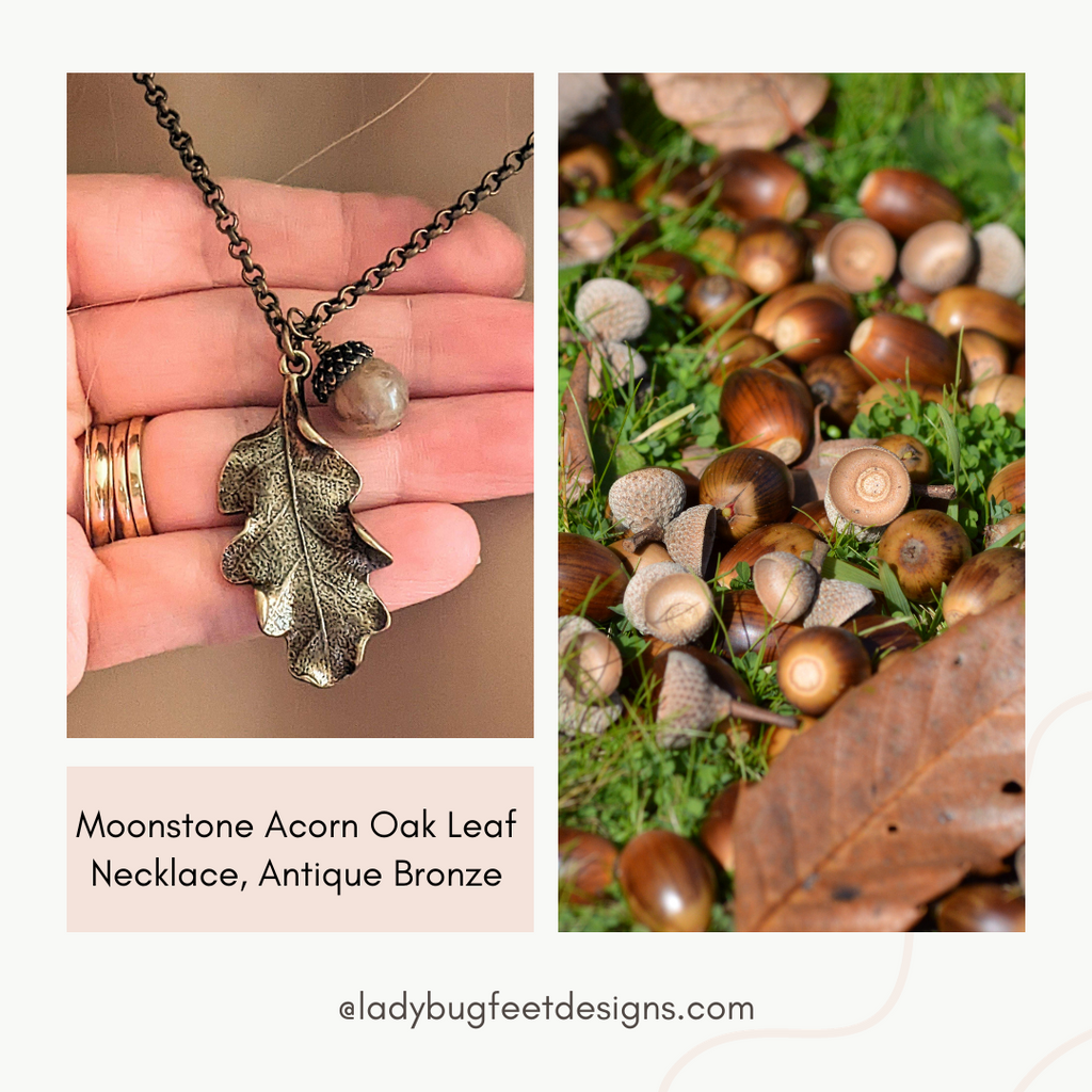 Moonstone Acorn Oak Leaf Necklace, Antique Bronze