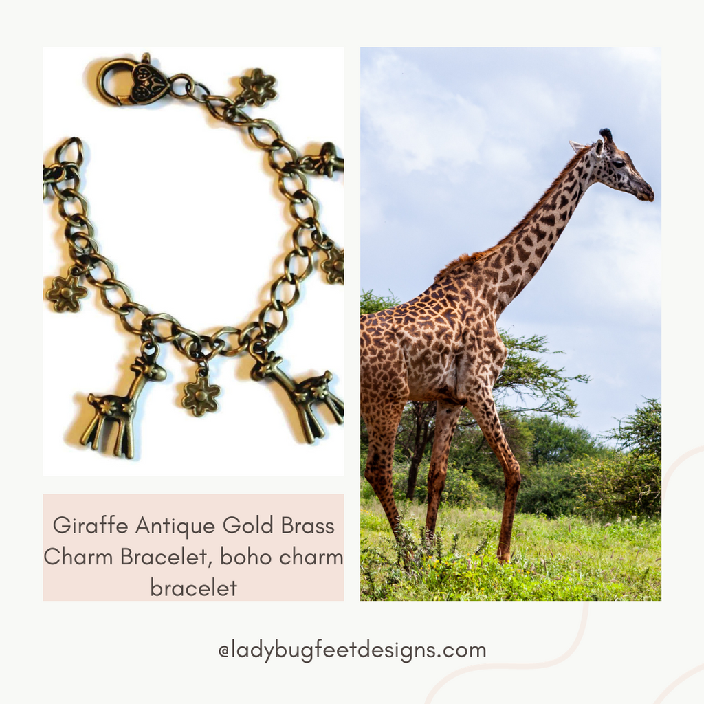 Giraffe Antique Gold Brass Charm Bracelet, boho charm bracelet