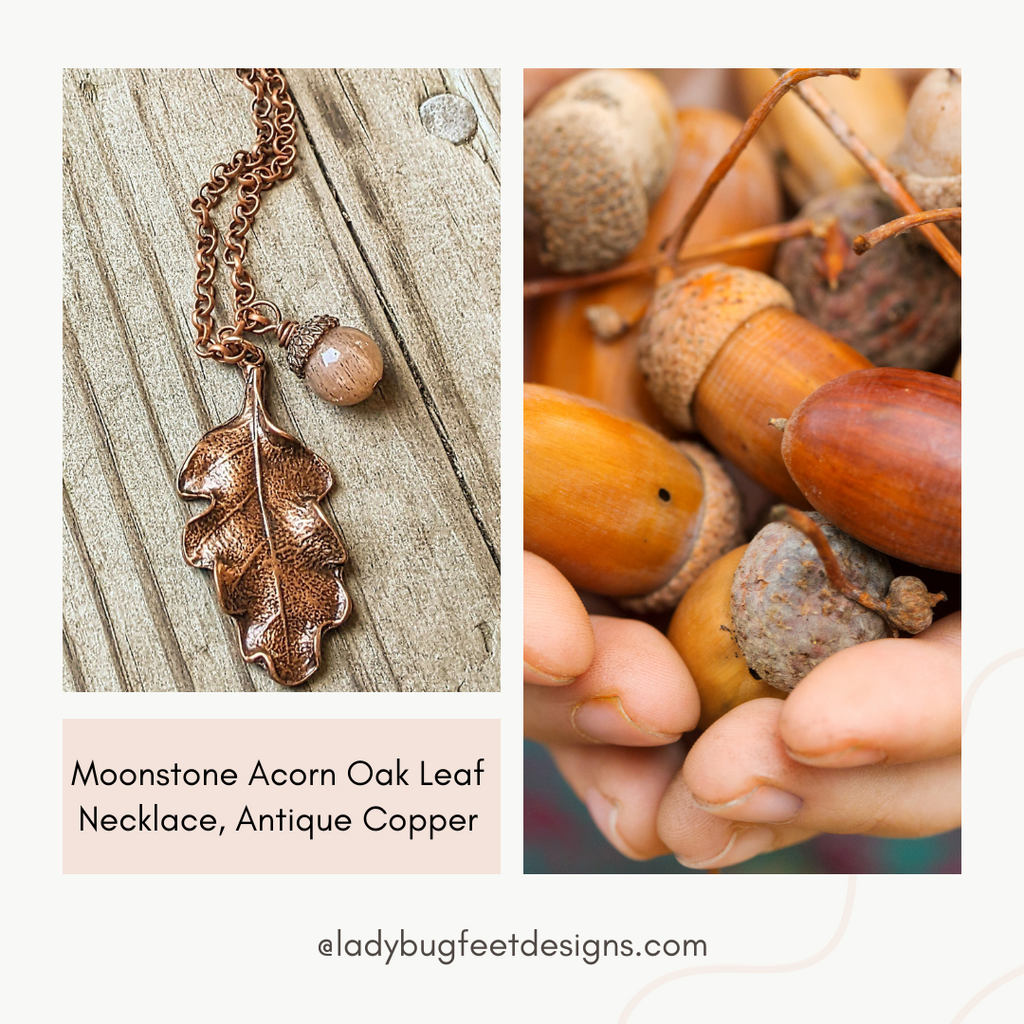 Moonstone Acorn Oak Leaf Necklace, Antique Copper