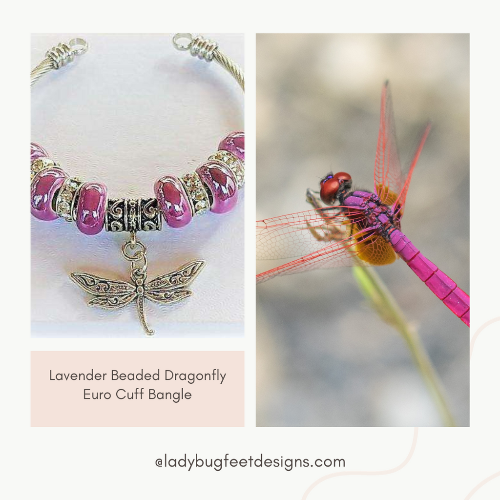 Lavender Beaded Dragonfly Euro Cuff Bangle