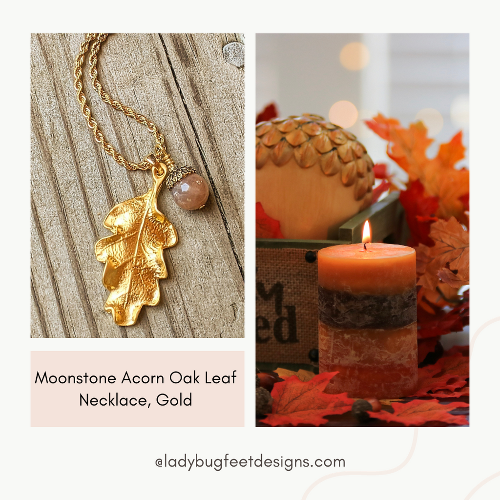 Moonstone Acorn Oak Leaf Necklace, Gold