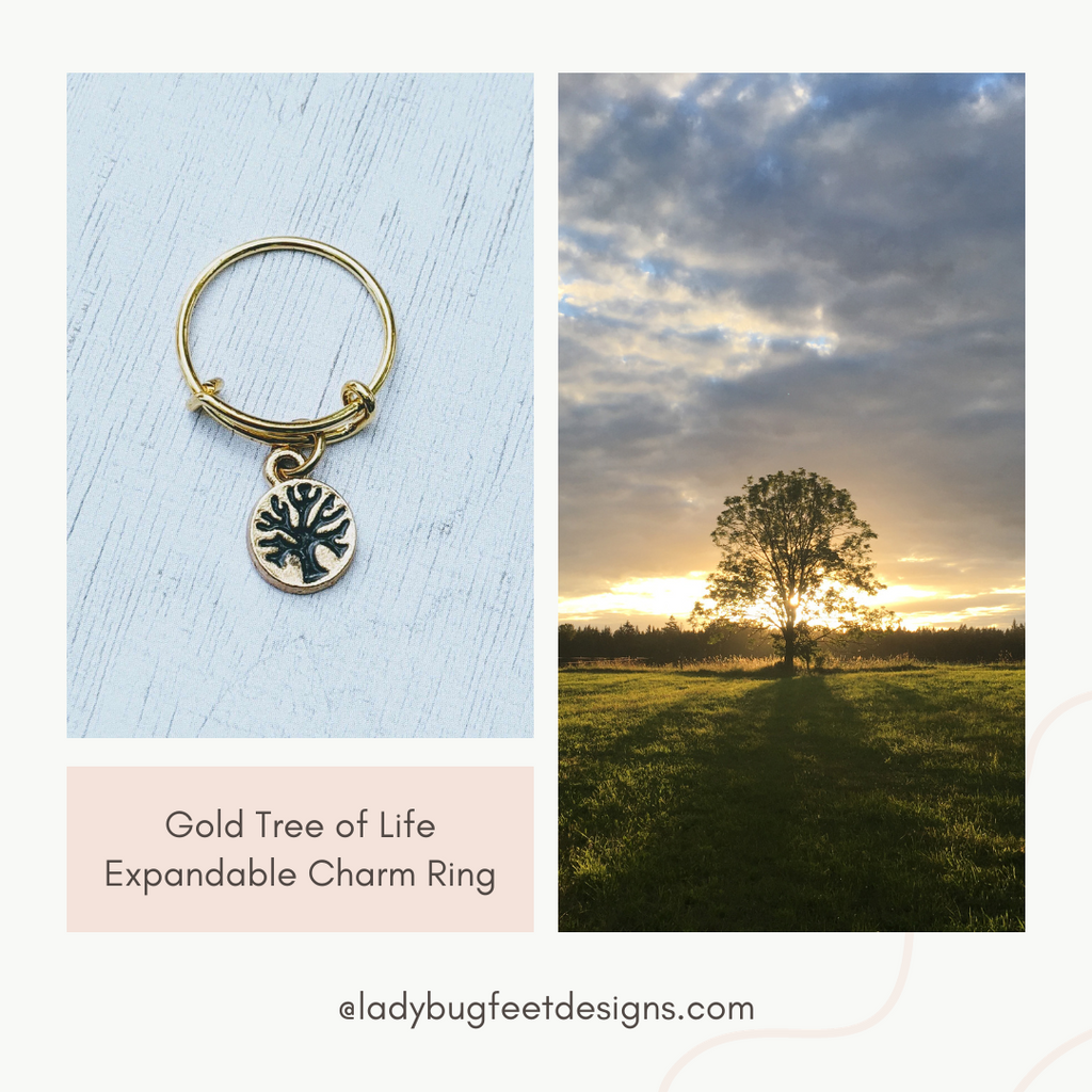 Gold Tree of Life Expandable Charm Ring