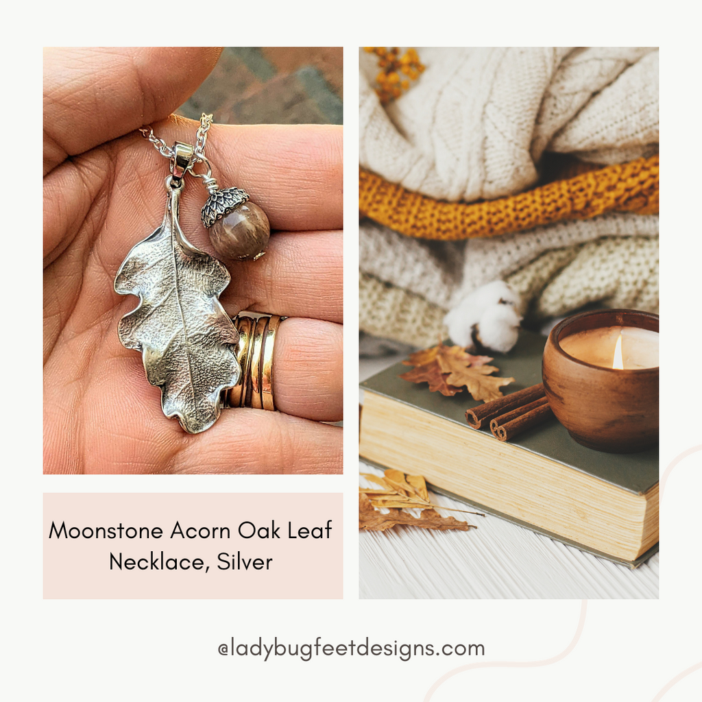 Moonstone Acorn Oak Leaf Necklace, Silver