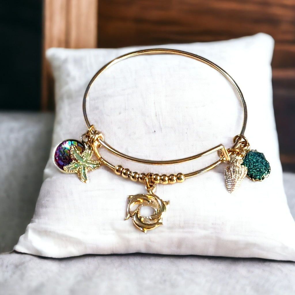 Gold Dolphin Trio Seashell Beaded Bangle bracelet