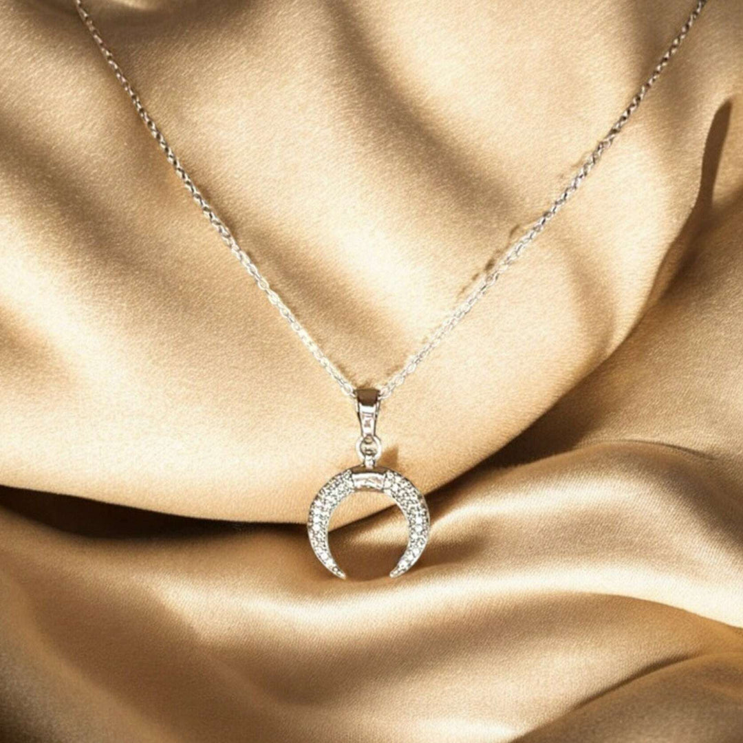 Downward Crescent Moon Necklace, Crescent Horn Necklace, Silver