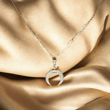 Downward Crescent Moon Necklace, Crescent Horn Necklace, Silver