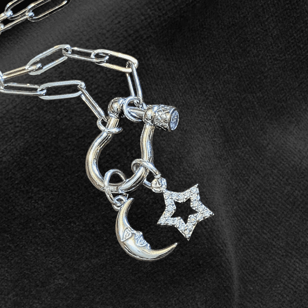 Celestial Moon CZ Star Carabiner Necklace, Silver - 20 inch
