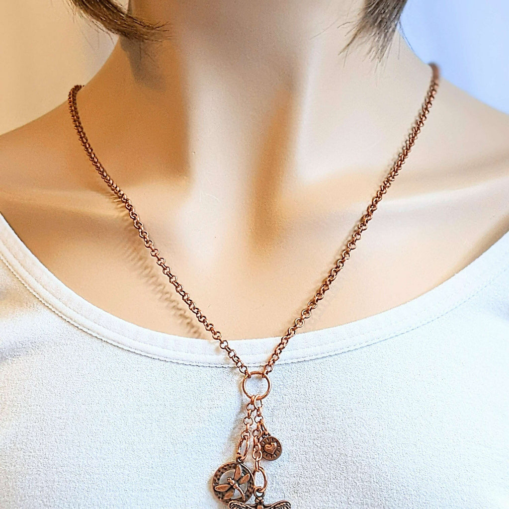 Dragonfly Copper Charm Keeper Necklace, 18-24 inch