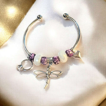 Dragonfly Euro Crystal Bangle Cuff, Silver