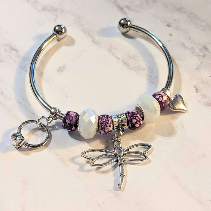 Dragonfly Euro Crystal Bangle Cuff, Silver
