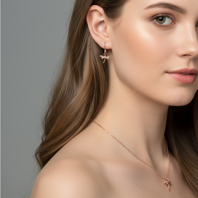 Dragonfly Rose Gold necklace/earrings set, 18 inch