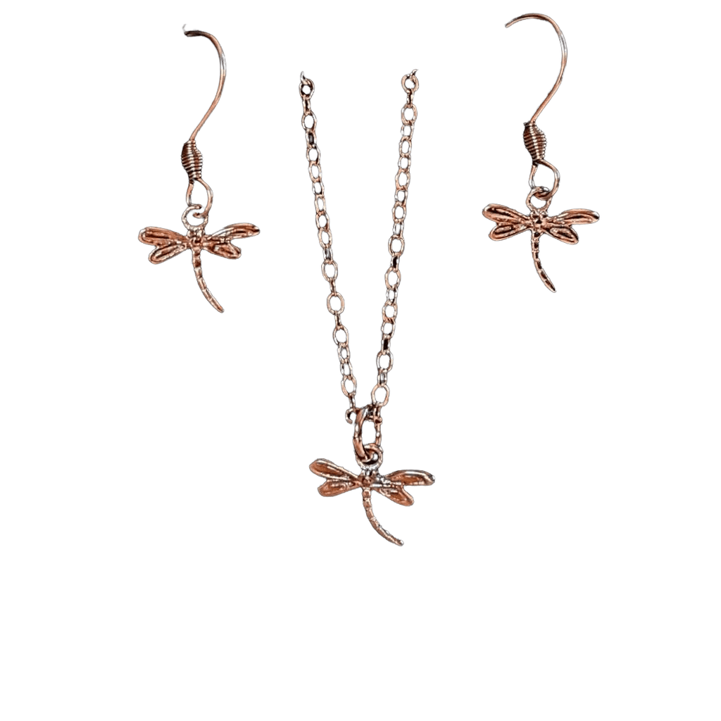 Dragonfly Rose Gold necklace/earrings set, 18 inch 3 Pc Set