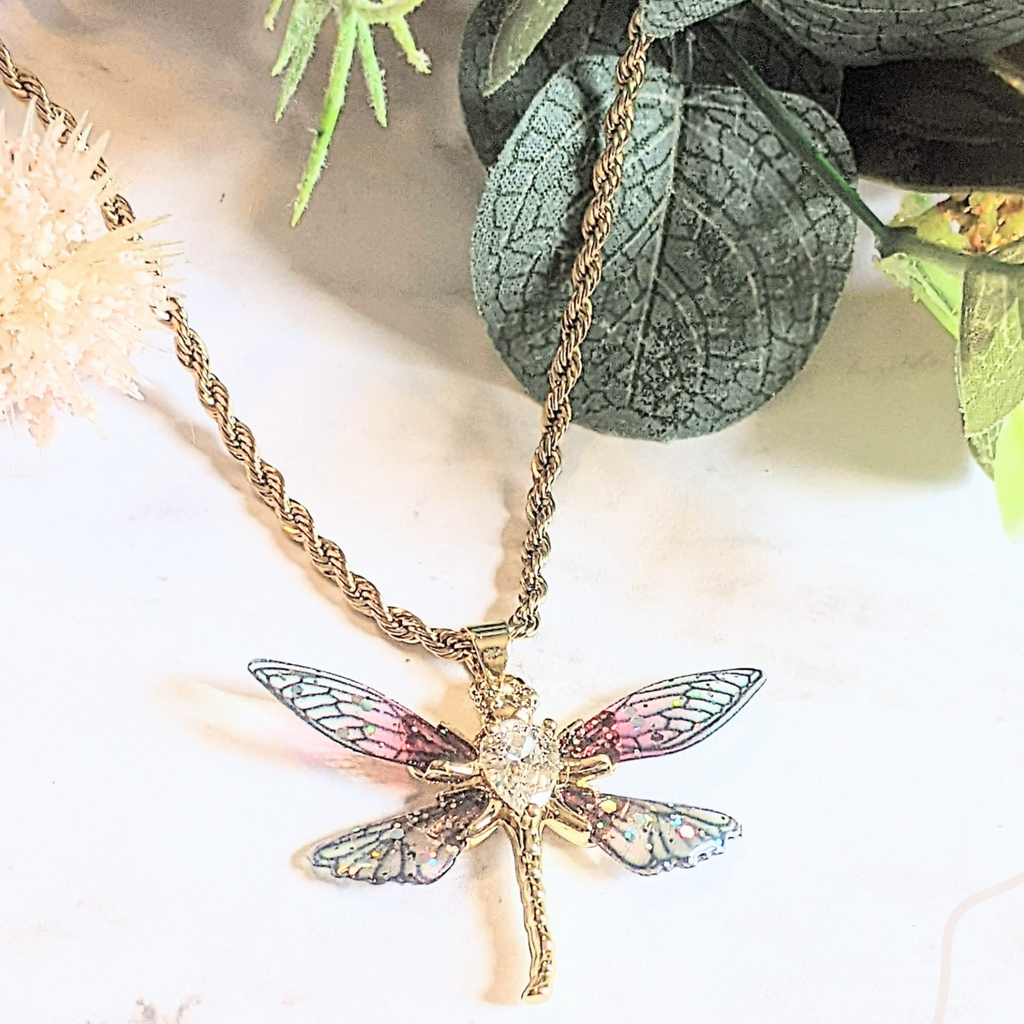 Colorful Resin Dragonfly necklace, 22 inch