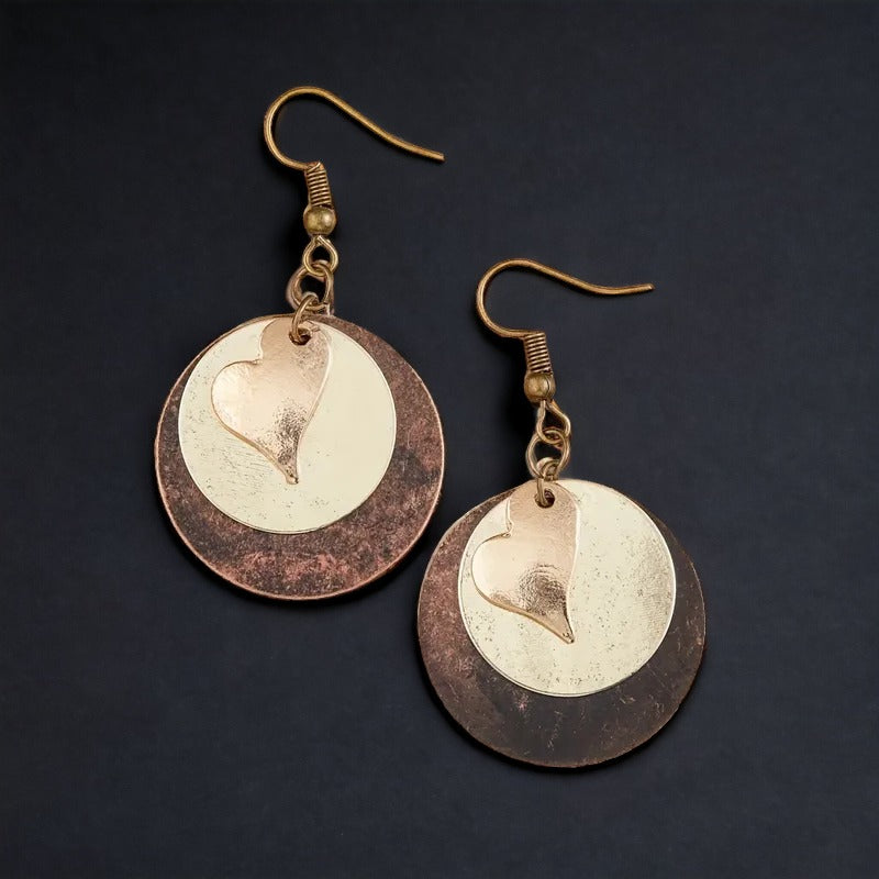 Heart Circle Bronze Dangle Earrings