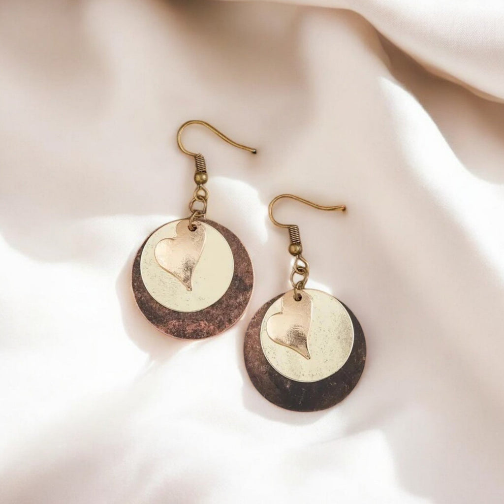 Heart Circle Bronze Dangle Earrings