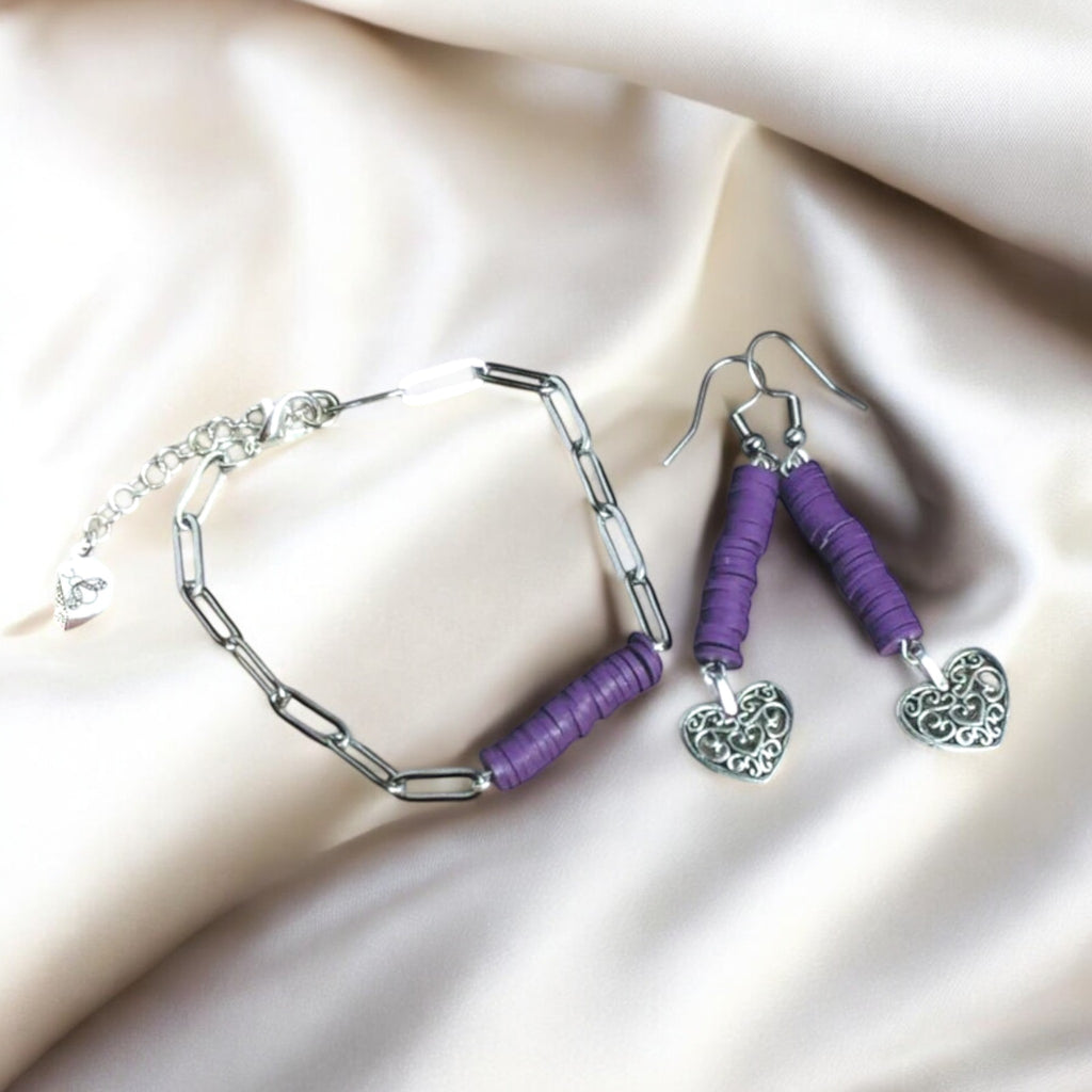 Heart Purple Heishi Paperclip Bracelet/Earring Set