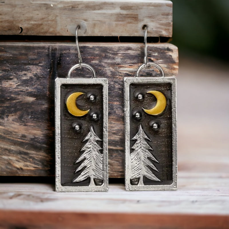 Pine Tree Crescent Moon Dangle Earrings