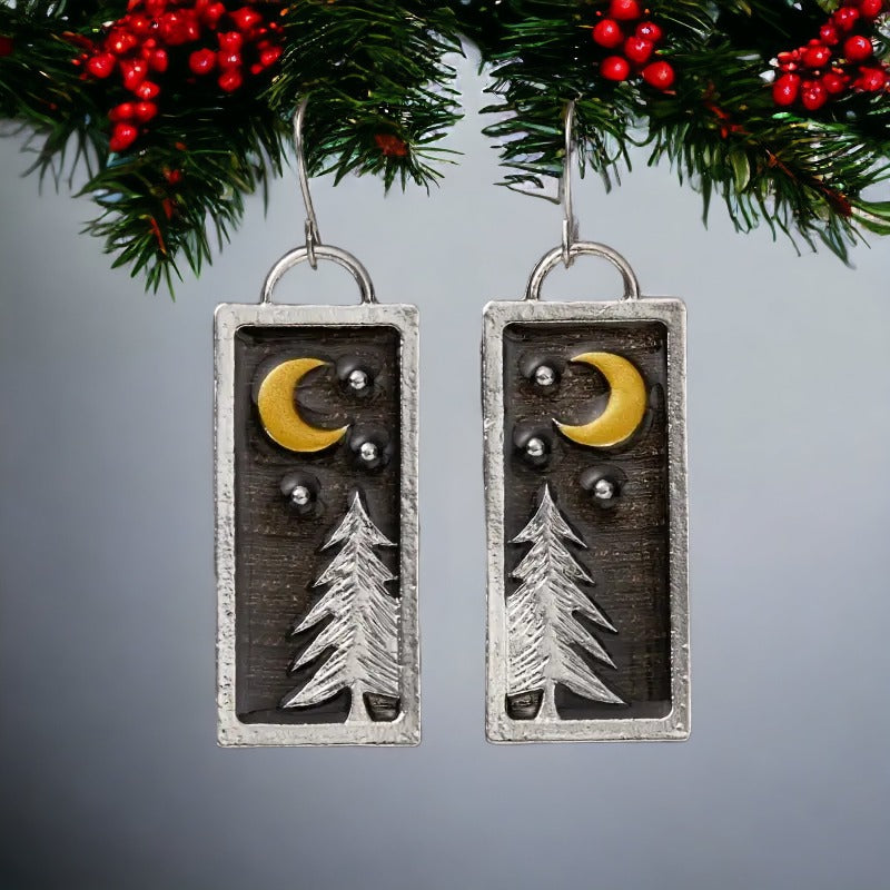 Christmas Tree Crescent Moon Dangle Earrings