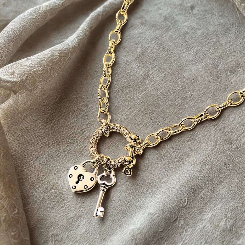 Heart Lock and Key Carabiner Necklace, Gold - 20 inch