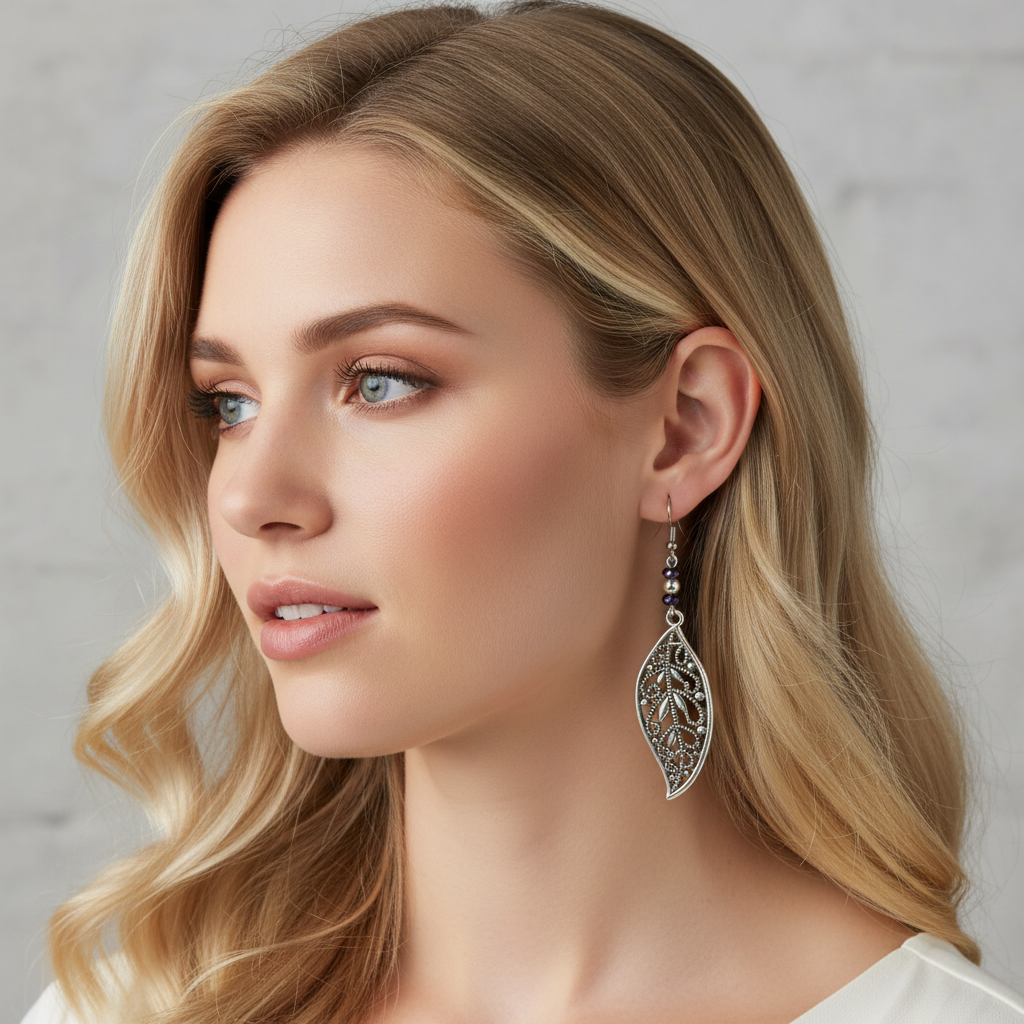 Fancy Leaf Purple Crystal Earrings