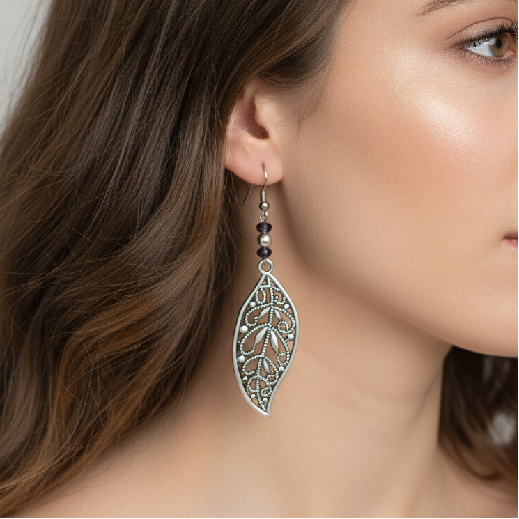 Fancy Leaf Purple Crystal Earrings