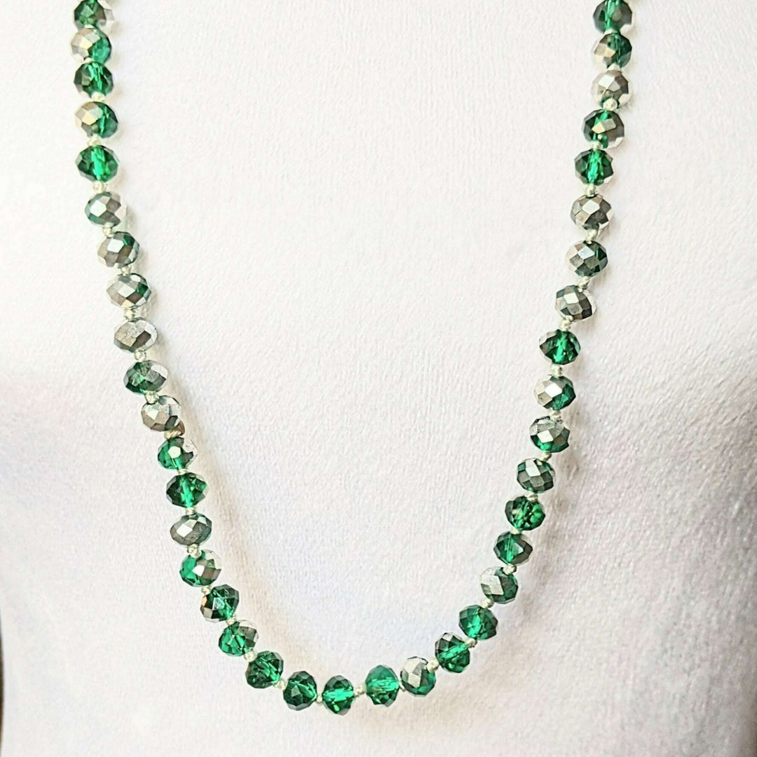 Festive Silver Green Crystal Knotted Necklace -36 inch
