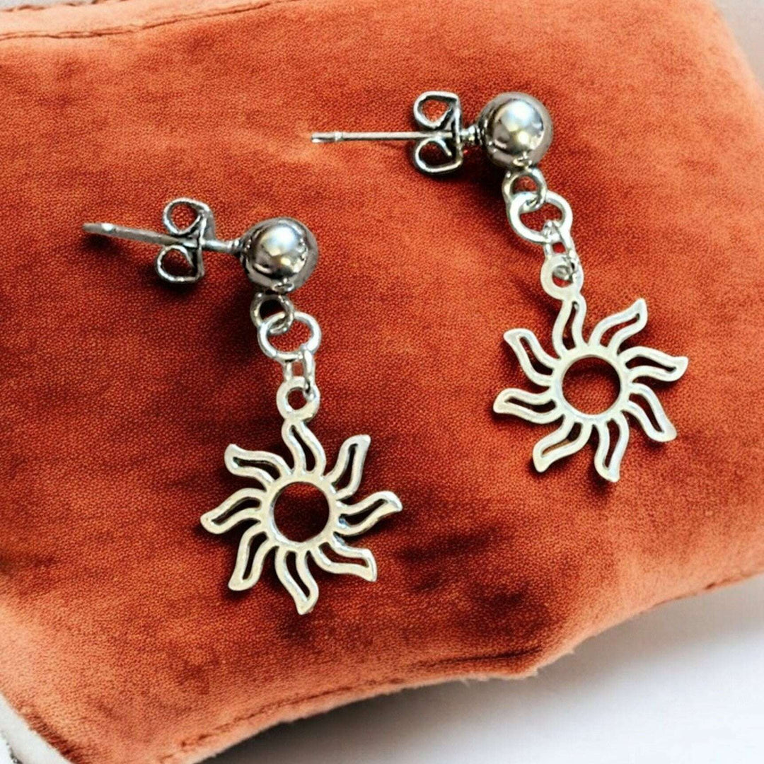 Fiery Sun Charm Drop Stud Earrings-Silver