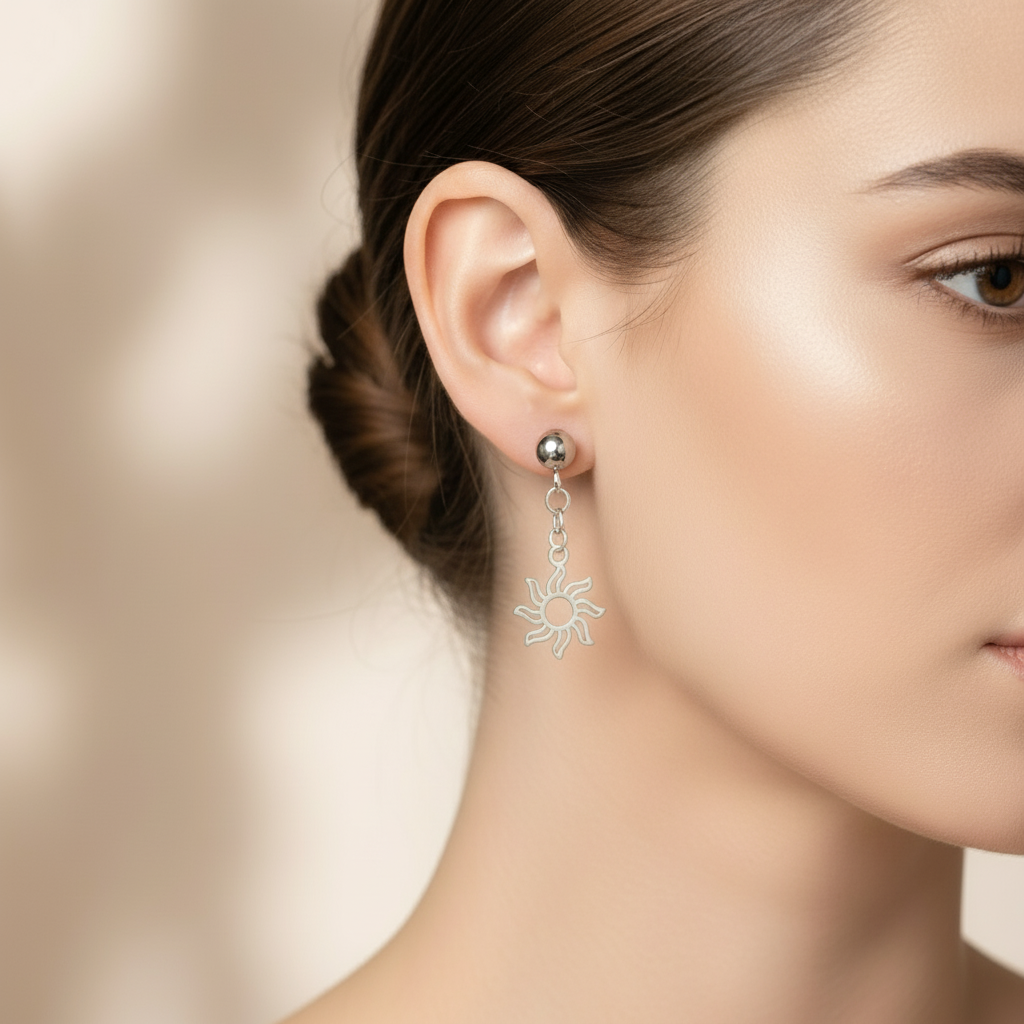 Fiery Sun Charm Drop Stud Earrings-Silver