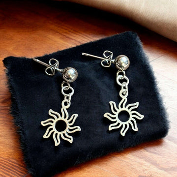 Fiery Sun Charm Drop Stud Earrings-Silver