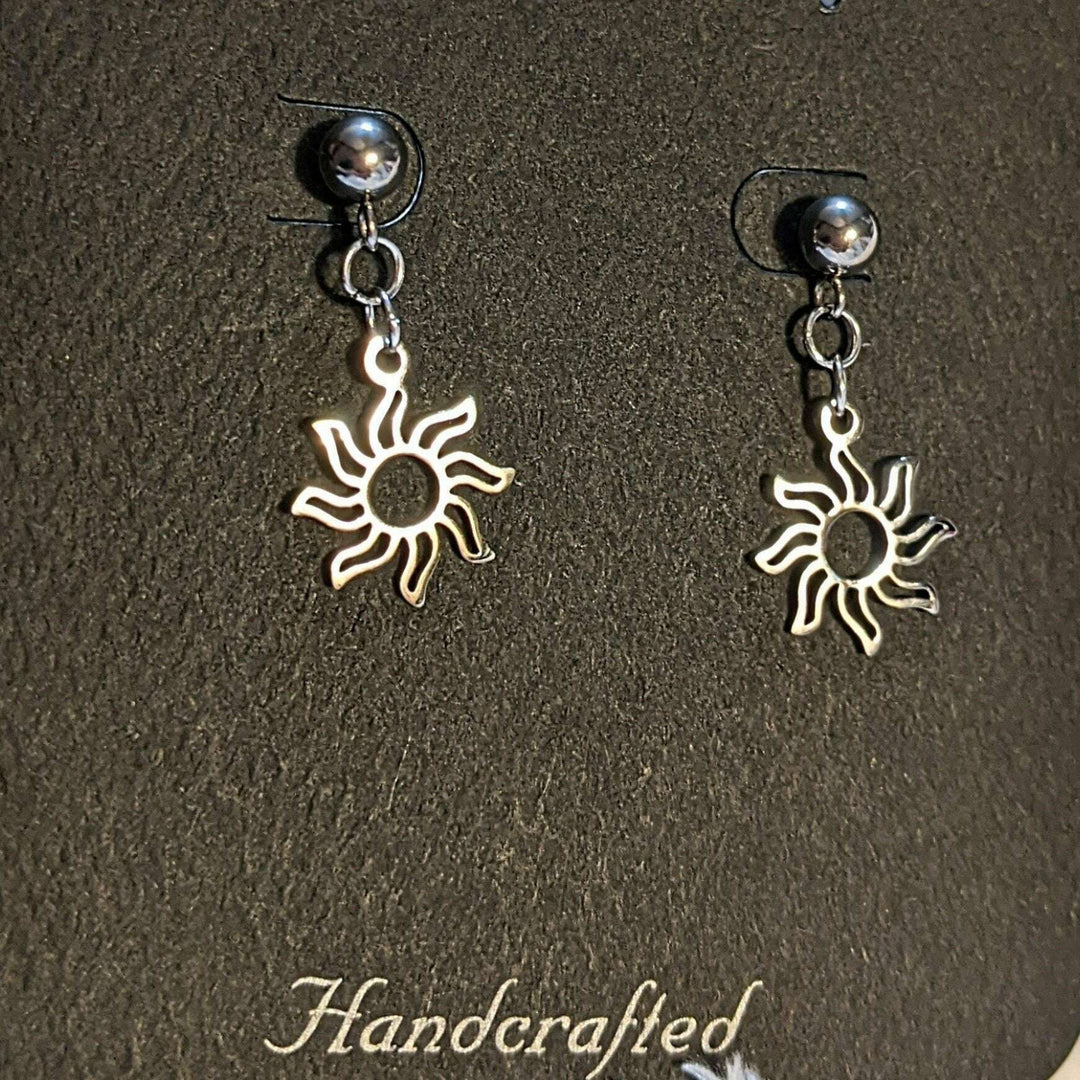 Fiery Sun Charm Drop Stud Earrings-Silver