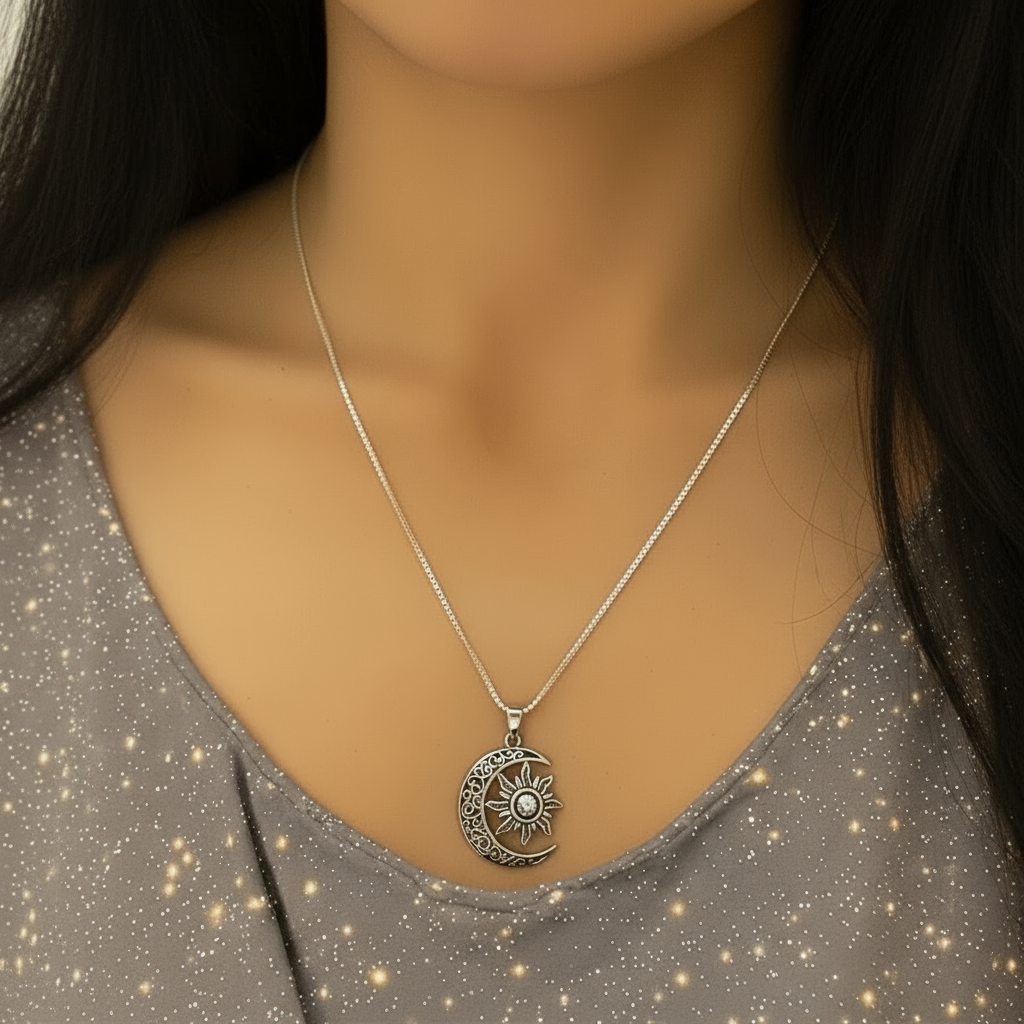 Filigree Crescent Moon Sun Necklace, Sterling Silver- 24 inches