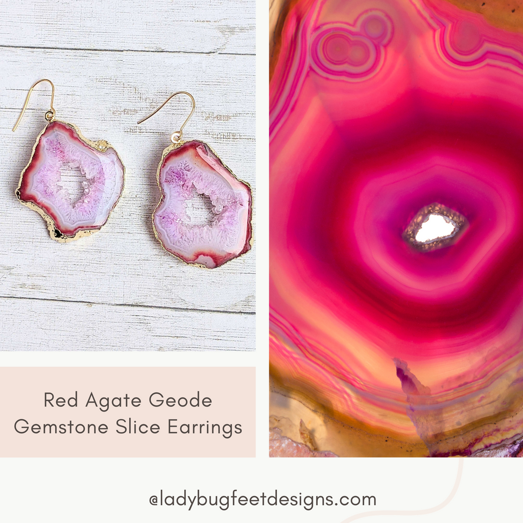 Red Agate Geode Gemstone Slice Earrings-Gold