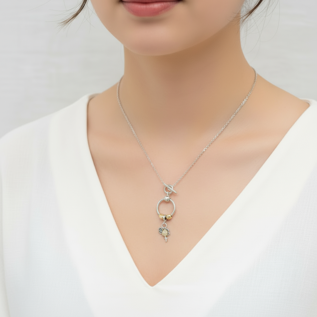 Friends Forever Sunflower Sterling Silver Toggle Charm Necklace, 20 inches