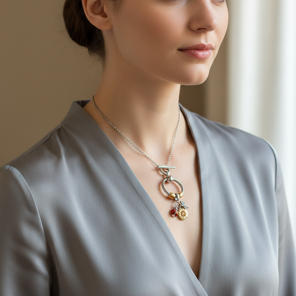 Garden Party Sterling Silver Toggle Charm Necklace, 20 inches