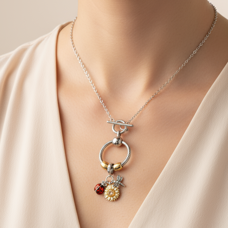 Garden Party Sterling Silver Toggle Charm Necklace, 20 inches