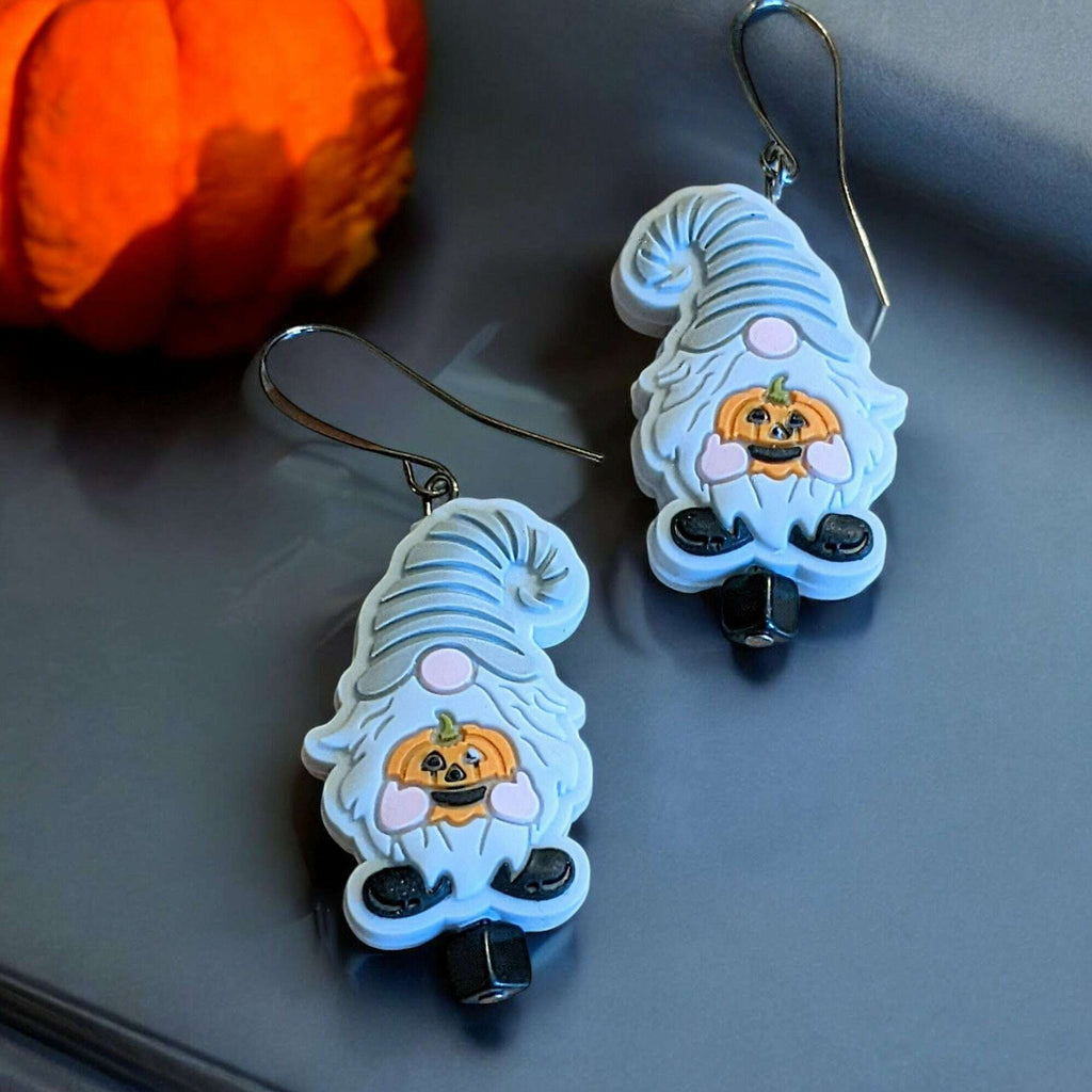 Gnome Halloween Earrings II Gray Gnome Jack O' Lantern